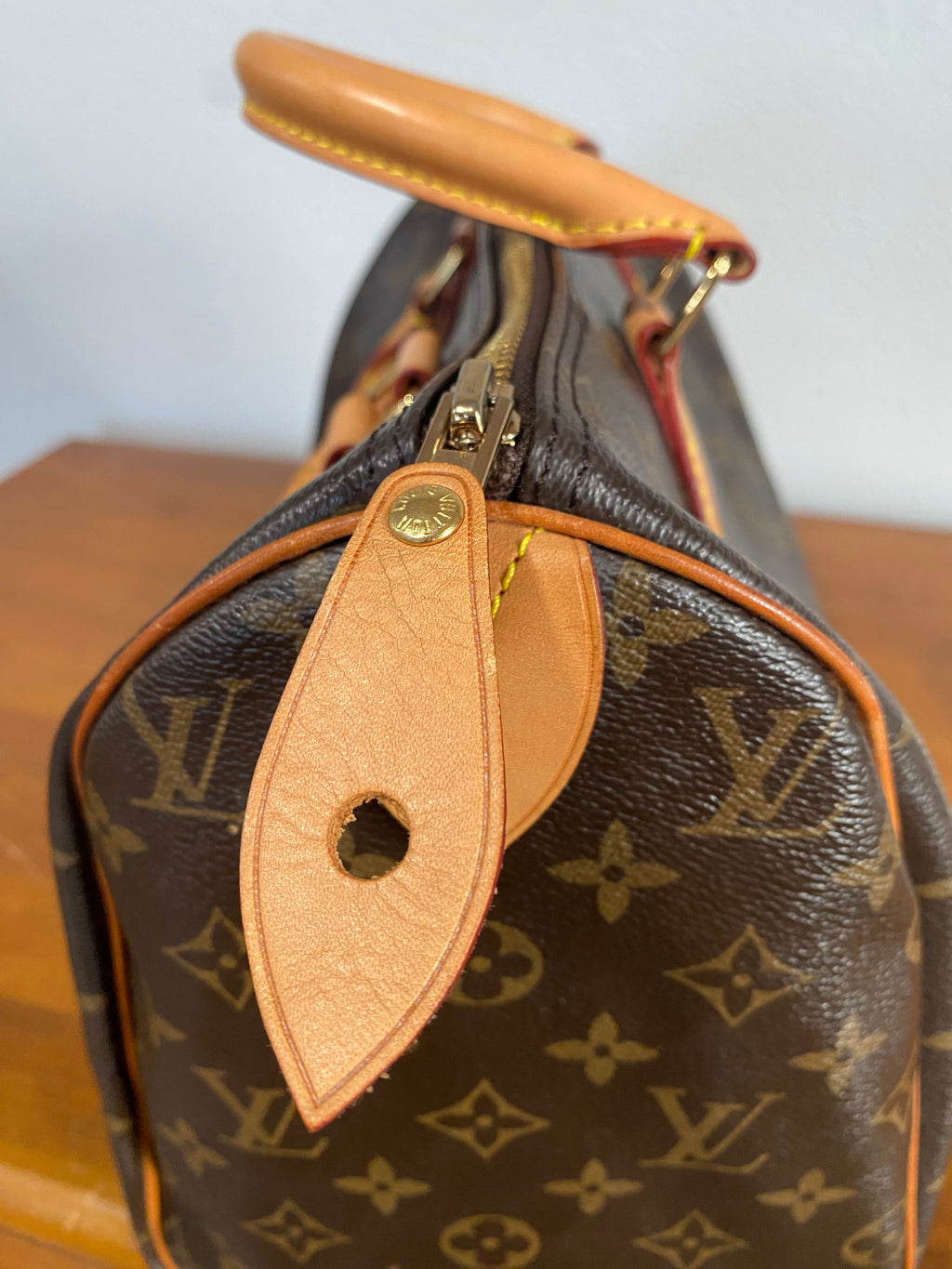 Monogram Canvas Satchel in Brown with Tan Leather Handles