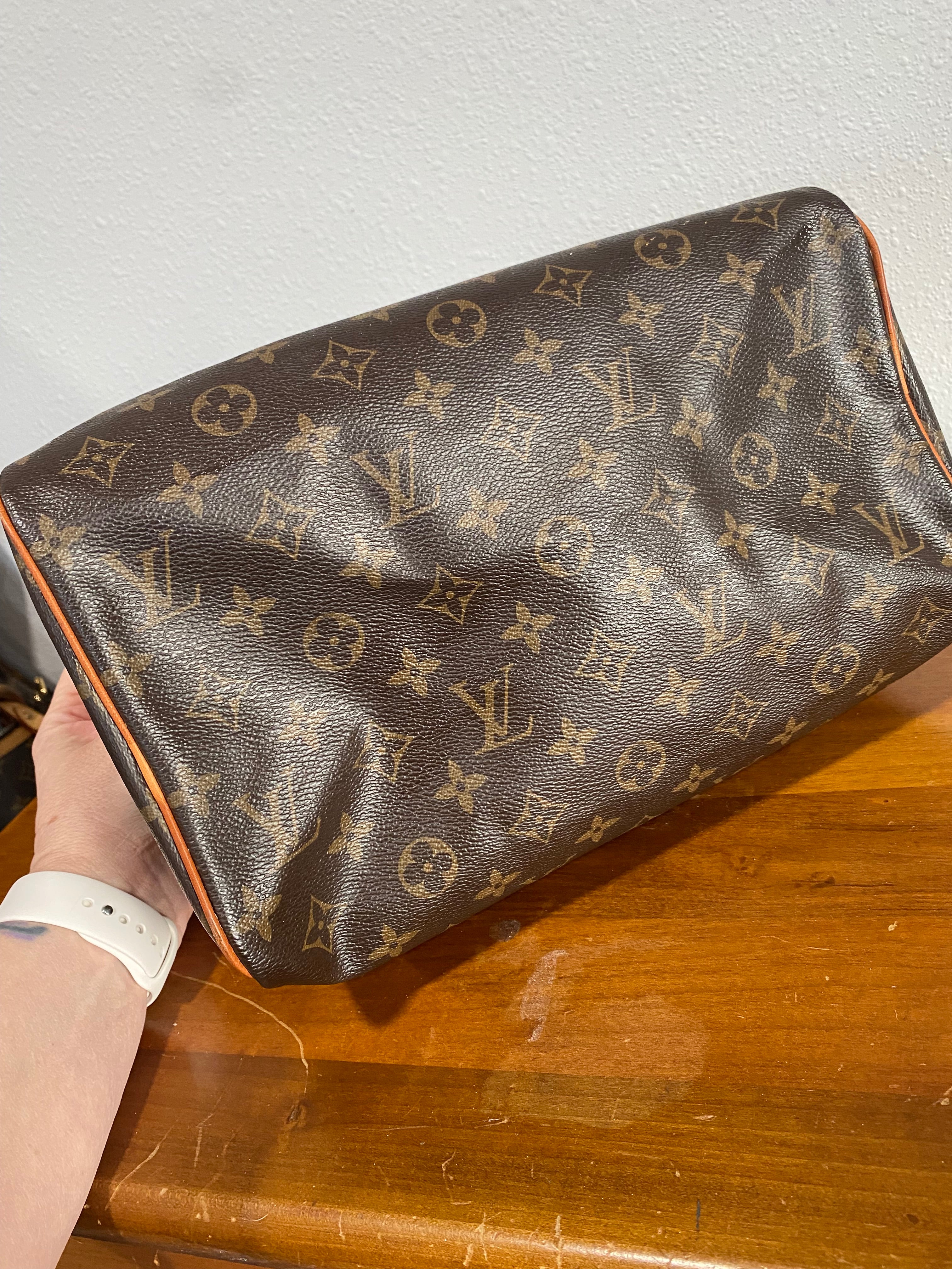 Monogram Canvas Satchel in Brown with Tan Leather Handles