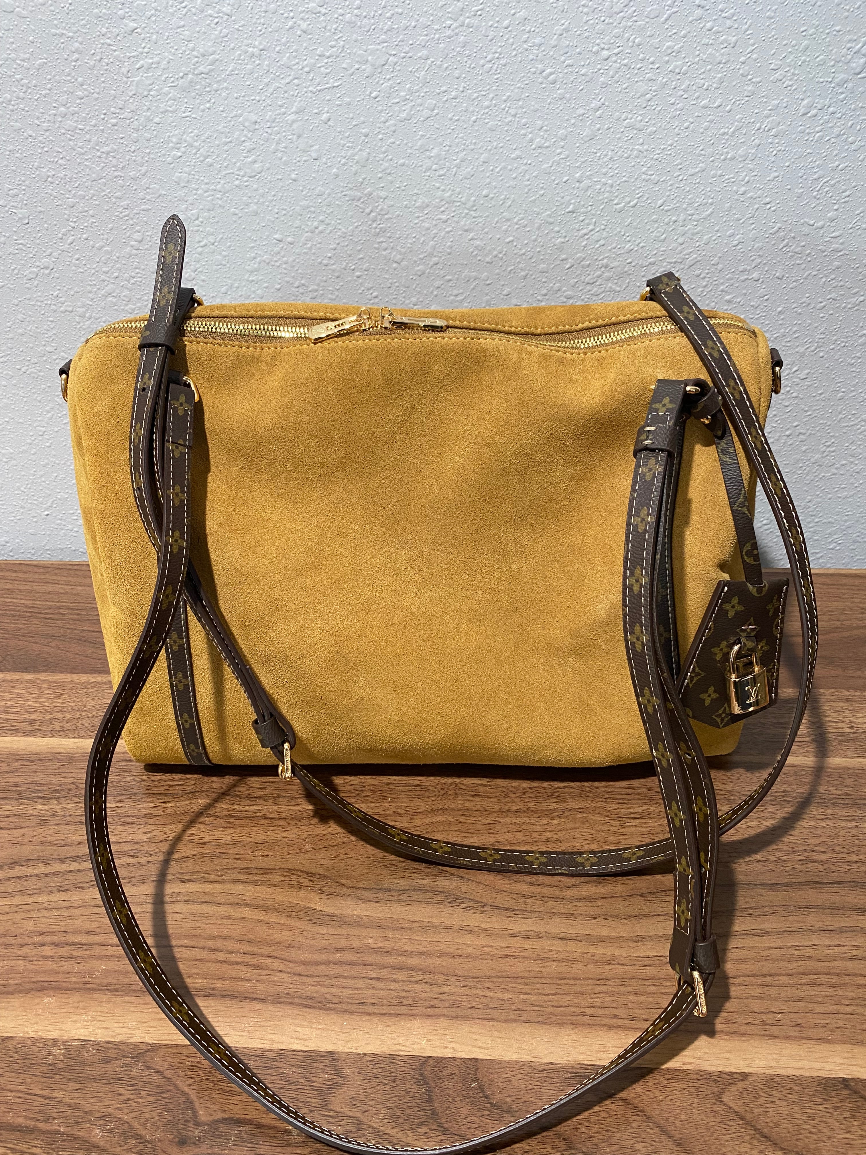 Suede Crossbody Bag with Monogram-Style Brown Trim