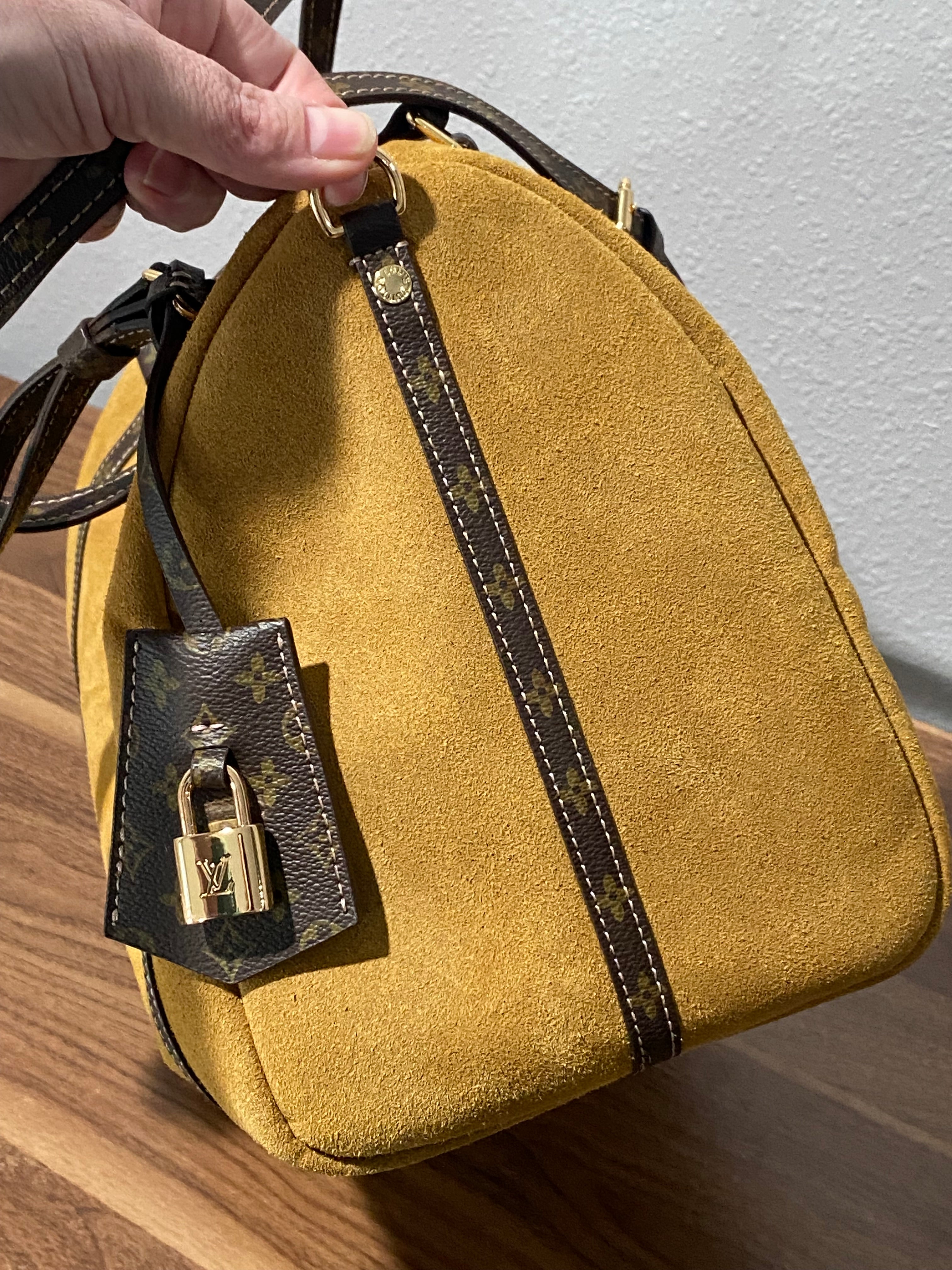 Suede Crossbody Bag with Monogram-Style Brown Trim